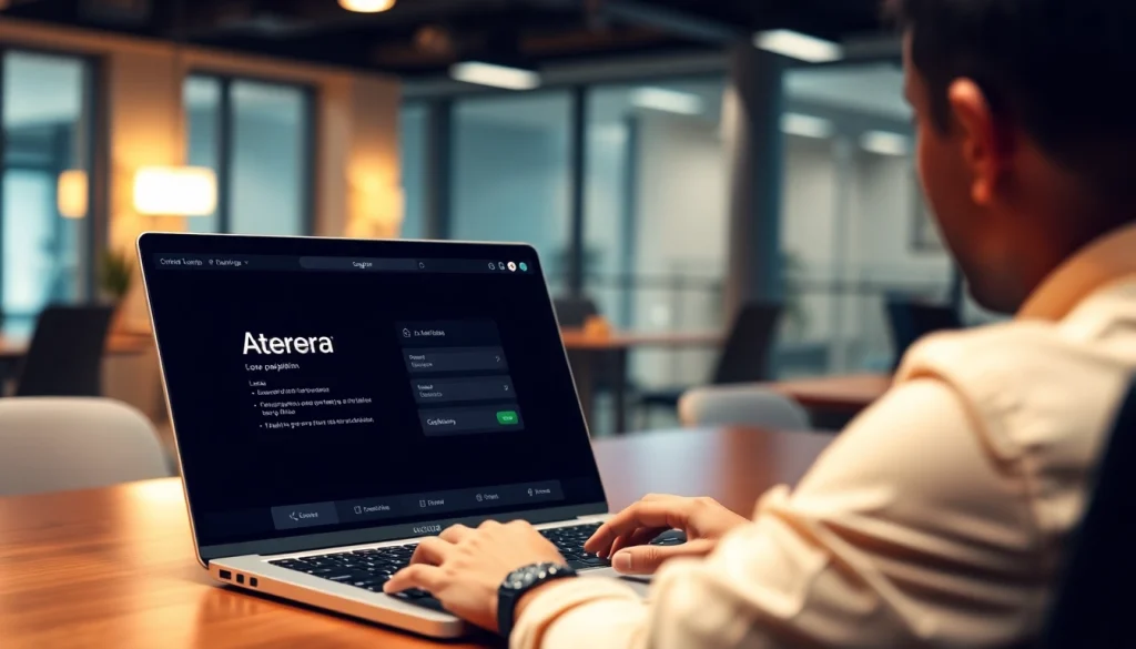 Atera login interface displayed on a laptop screen in a modern workspace.