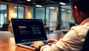 Atera login interface displayed on a laptop screen in a modern workspace.