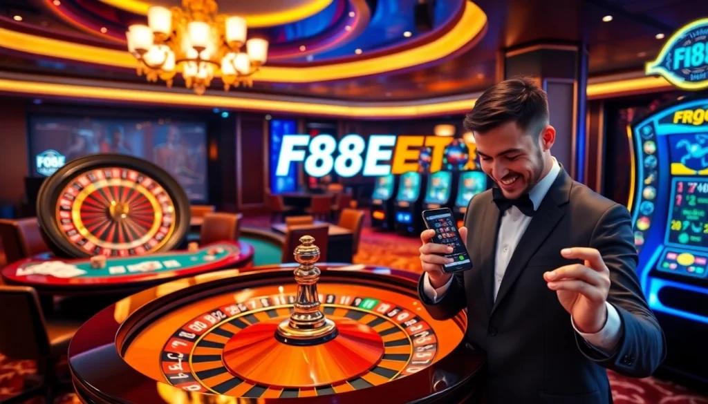 Engage with F88BET's luxurious casino experience through vibrant slot machines and roulette wheels.