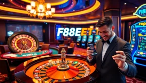 Engage with F88BET's luxurious casino experience through vibrant slot machines and roulette wheels.