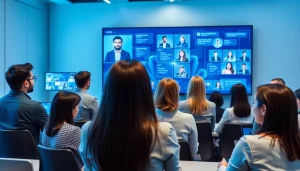 AI Interviews capture candidates interacting with virtual avatars and modern technology in a professional setting.