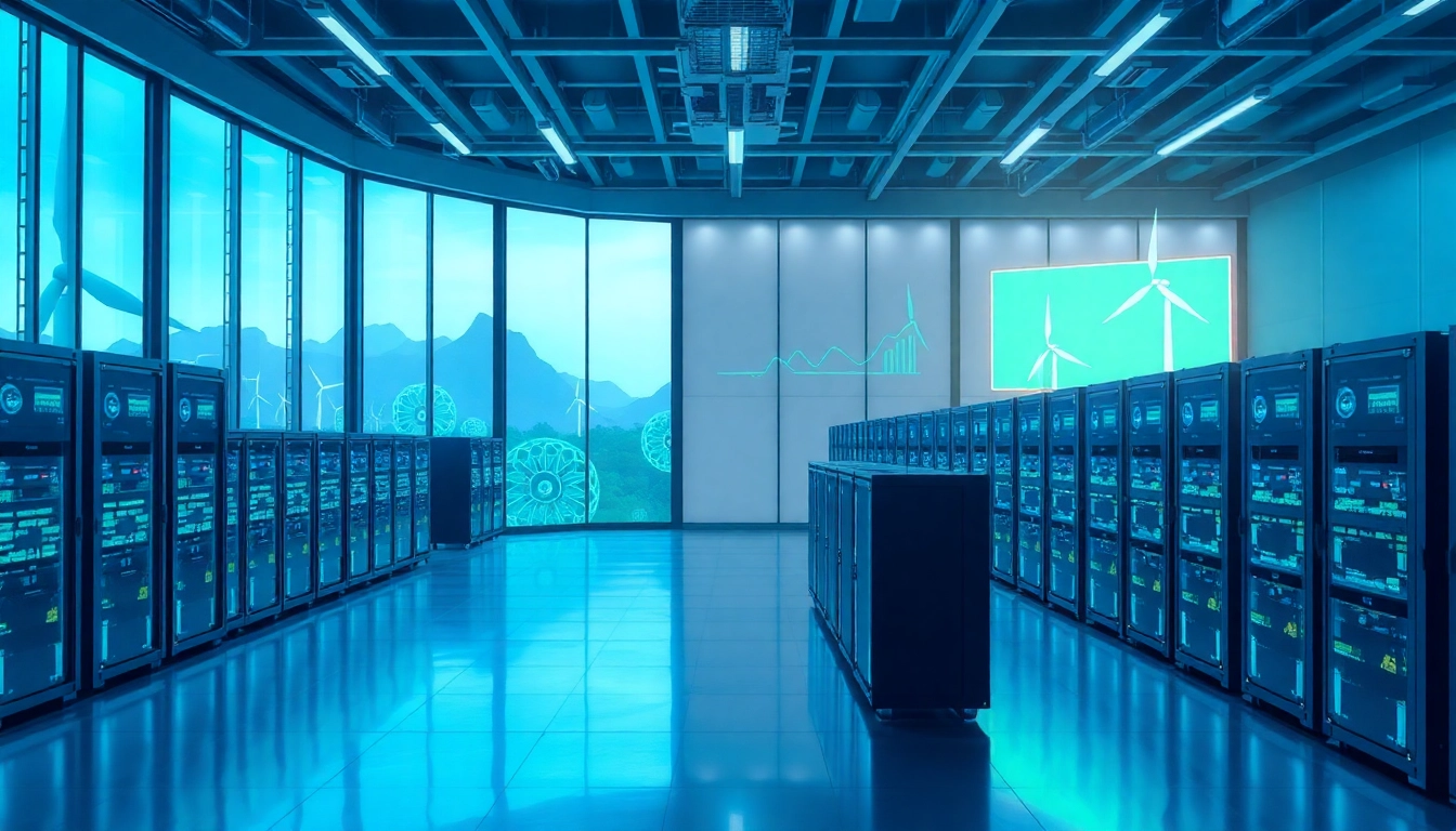 Futuristic cloud mining facility showcasing renewable energy sources and digital earnings