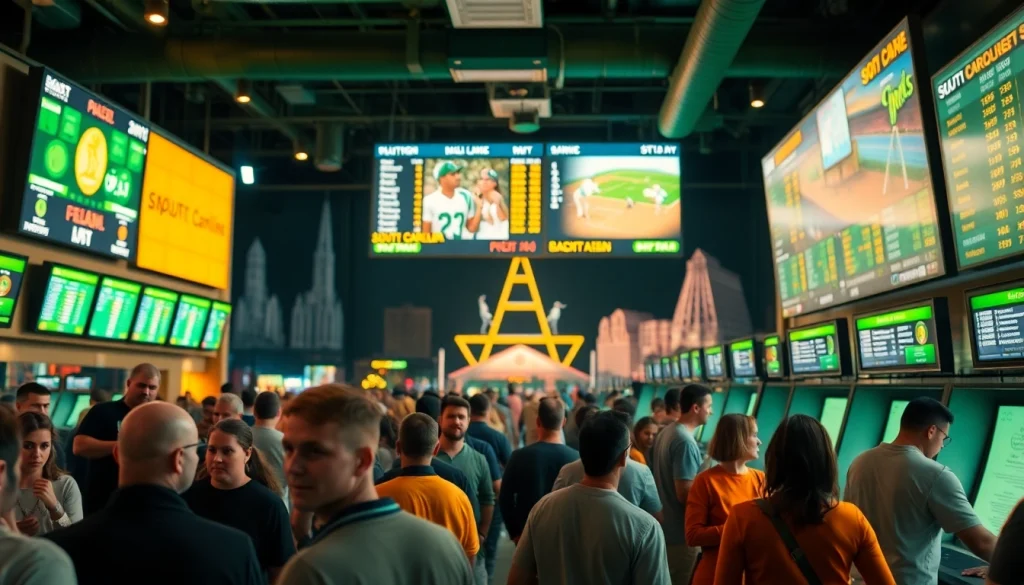 Engaging South Carolina sports betting scene showcasing enthusiastic bettors at sportsbooks, with dynamic odds displays.