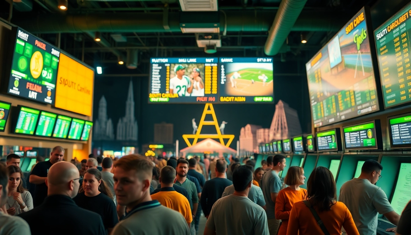 Engaging South Carolina sports betting scene showcasing enthusiastic bettors at sportsbooks, with dynamic odds displays.