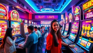 Exciting scene of slot hoki gaming in a vibrant casino with players enjoying colorful machines.