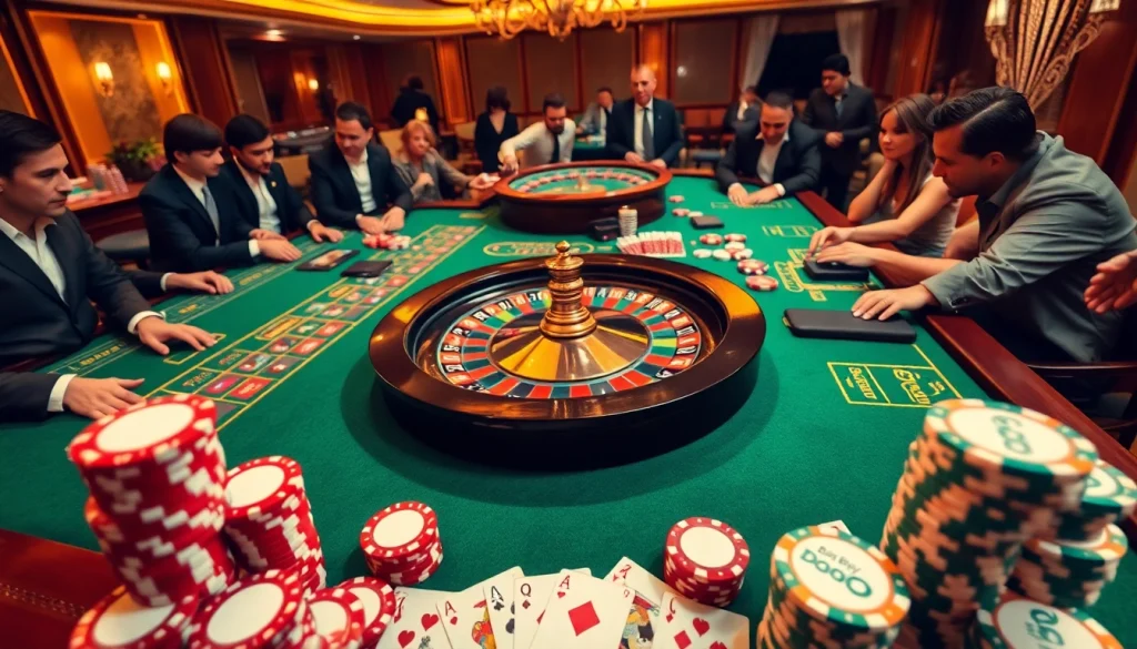 Exciting casino scene with gamblers at a roulette table featuring Baby Dodoo branding and vibrant colors.