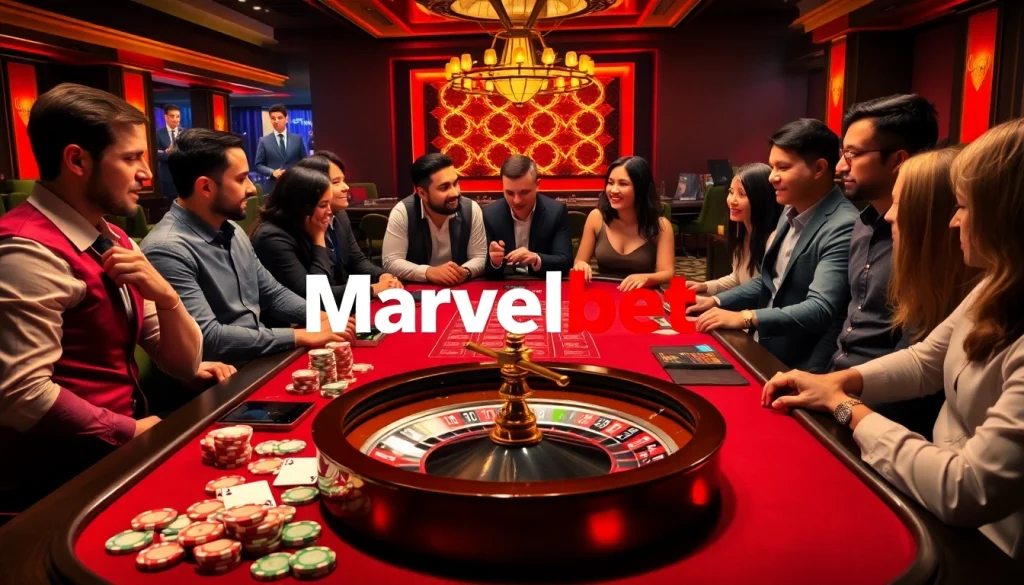 Marvelbet engages players with exciting casino games, poker chips, and a roulette wheel.