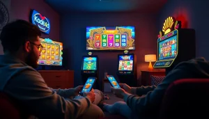 Kode4d vibrant online gaming scene showcasing exciting slot games and players engaged on digital devices.