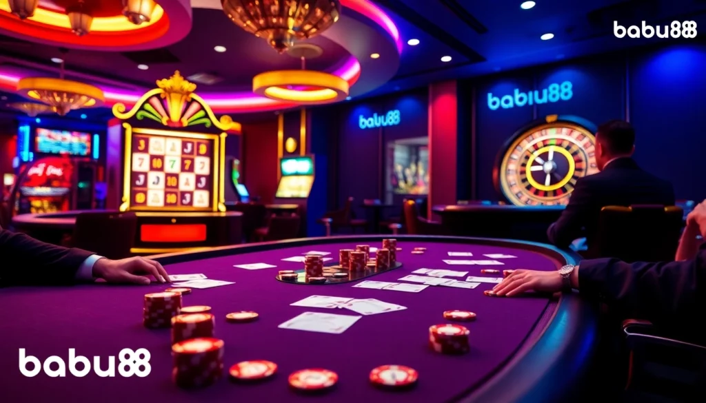 Babu88 showcases an exciting casino table with poker chips and vibrant slot machines to attract gamblers.