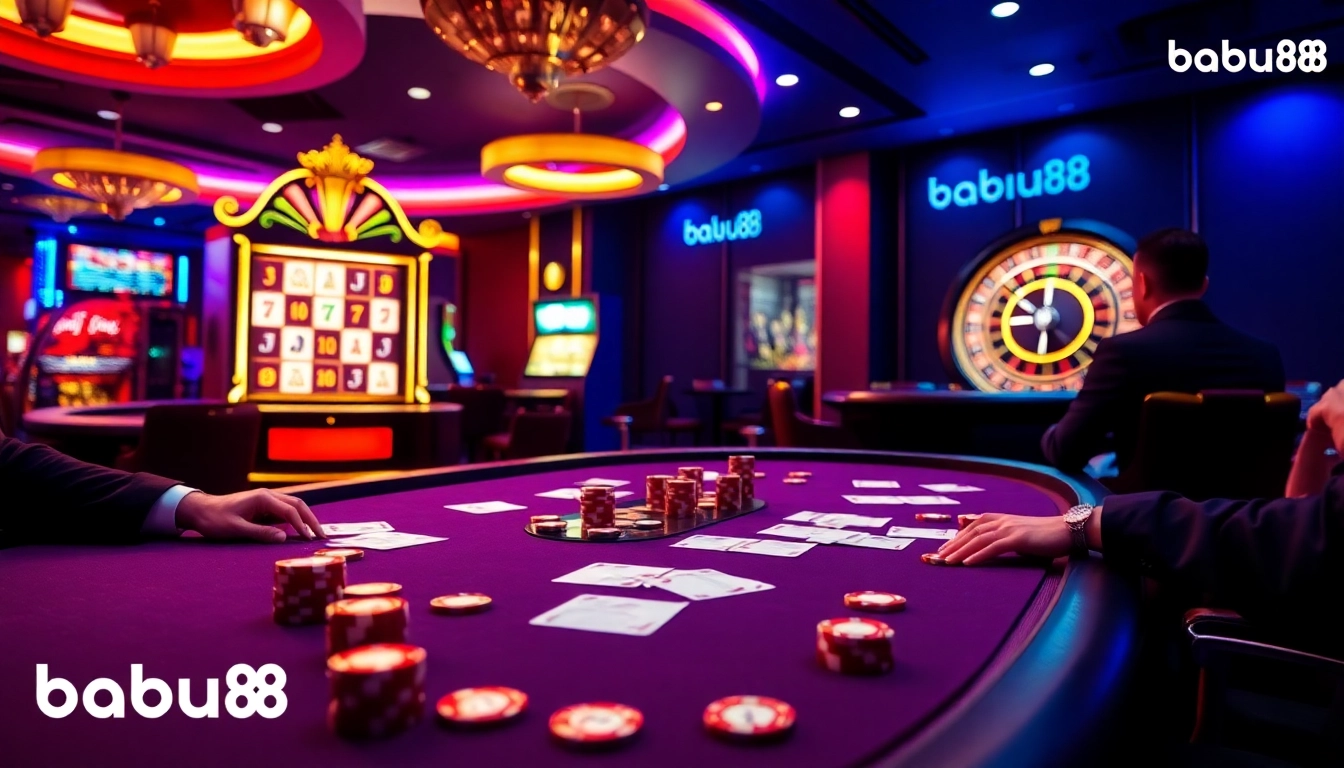 Babu88 showcases an exciting casino table with poker chips and vibrant slot machines to attract gamblers.