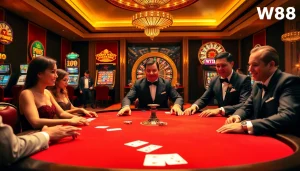 Khơi dậy sự phấn khích của W88 với người chơi tại bàn poker cược cao, nắm chip trong tay, tham gia vào trò chơi đầy kịch tính.