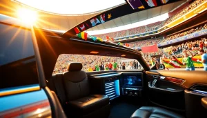 World Cup Group Transportation in a luxury limousine outside a stadium.