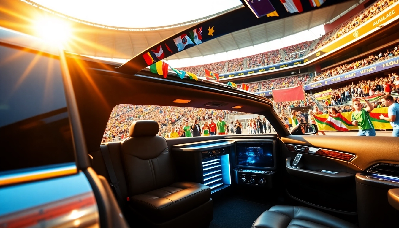 World Cup Group Transportation in a luxury limousine outside a stadium.