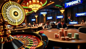 Exciting gaming action at 789BET's casino tables featuring vibrant roulette and poker games.
