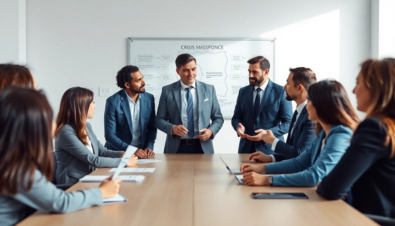 Dynamic interaction among crisis management consultants in strategic planning session.