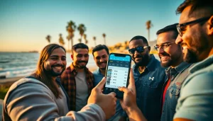 Engage in California sports betting with diverse individuals celebrating around a smartphone showing odds.