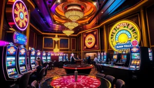 Players enjoying vibrant agen toto slot machines in a luxurious casino setting.