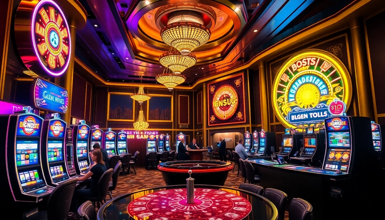 Players enjoying vibrant agen toto slot machines in a luxurious casino setting.