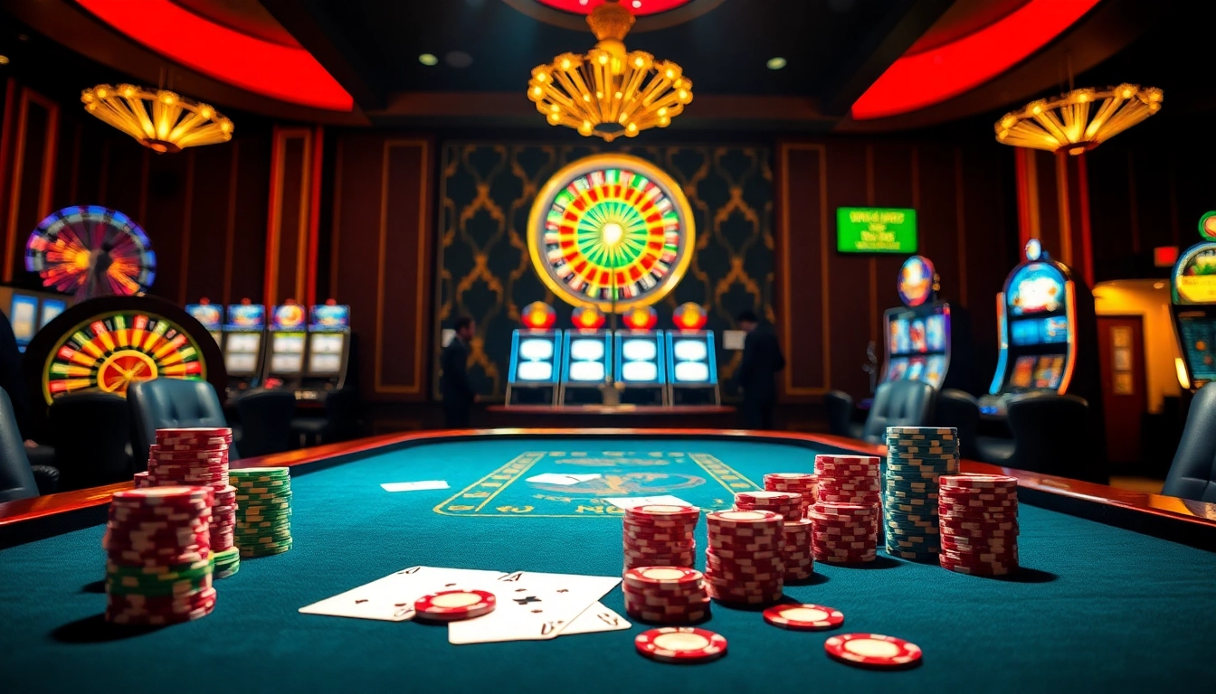 Immerse in the thrilling action at 12bet with poker chips, cards, and a roulette wheel in a luxurious casino setting.