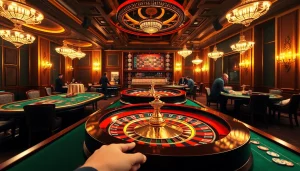 Engage with shbet bắn cá at a vibrant casino table, featuring chips and a roulette wheel in action.