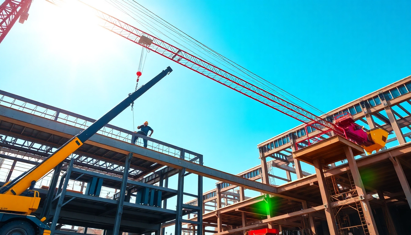 Workers performing structural steel installation, aligning beams on a busy construction site.