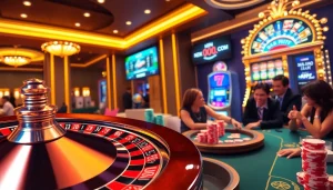 Exciting casino atmosphere featuring roulette, poker chips, and slot machines at https:/nk88.us.com/.
