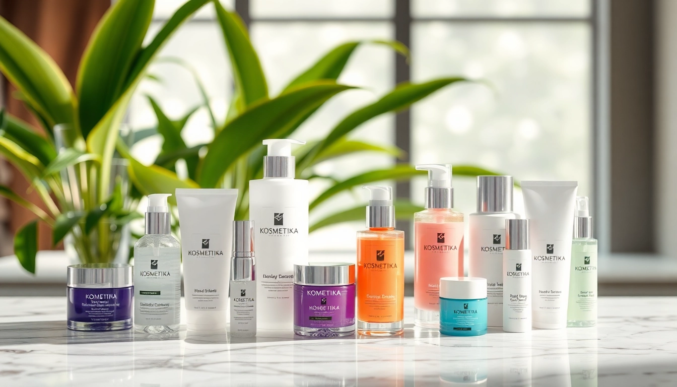 Kosmetika grožio produktai eksponuojami elegantiškame marmuriniame stalviršyje