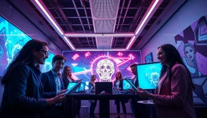 Engaging professionals in a futuristic AI NSFW workspace showcasing advanced digital art generation.