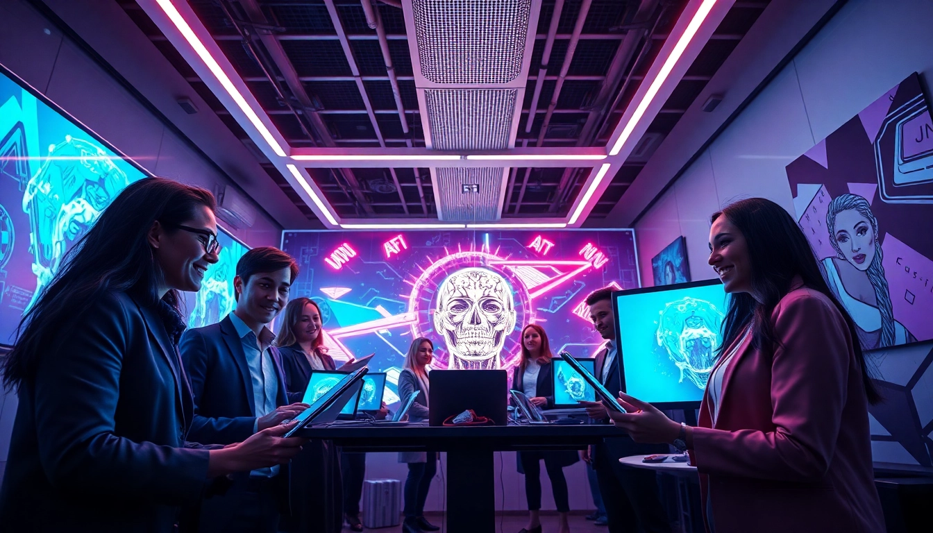 Engaging professionals in a futuristic AI NSFW workspace showcasing advanced digital art generation.