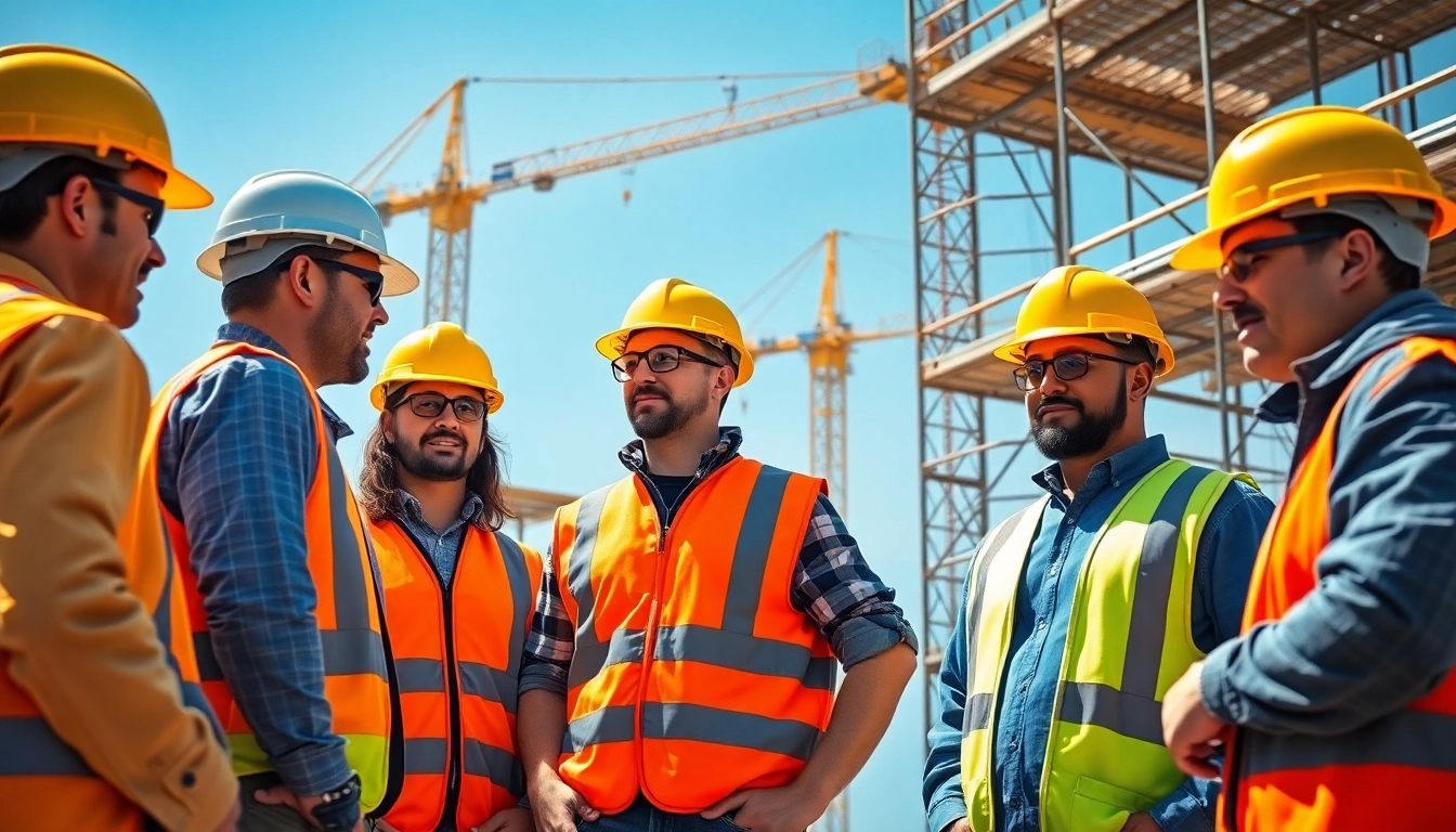 Workers implementing construction safety programs on a vibrant building site.