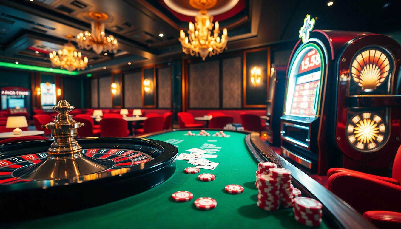 Action-packed scene of Trang game Haywin featuring spinning roulette and vibrant slot machines.