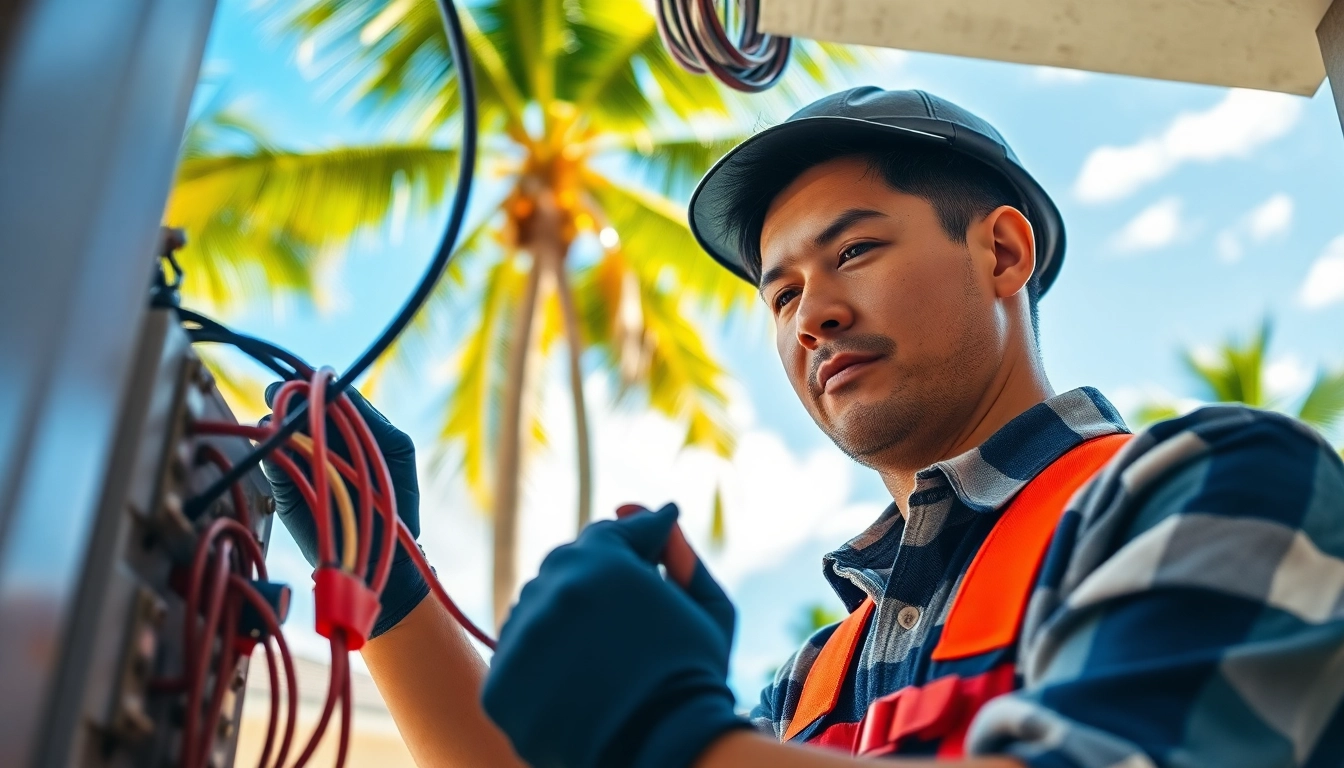 Engaged electrician apprenticeship hawaii focusing on wiring with vibrant tropical backdrop.
