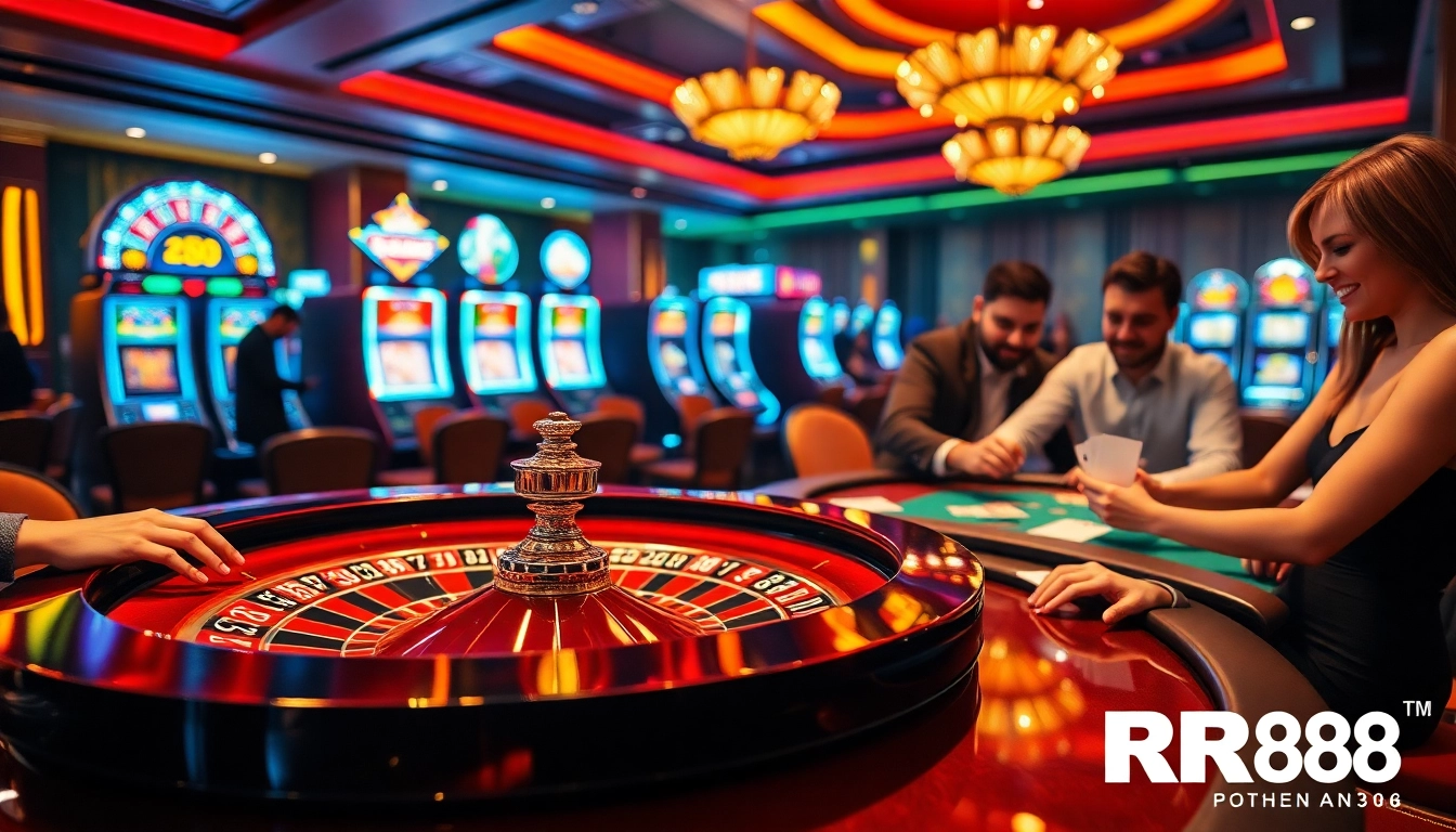 Experience the thrill of gambling at RR88 with an engaging poker game and roulette table.