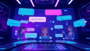 Immersive NSFW AI chat scene with diverse avatars in a futuristic digital interface