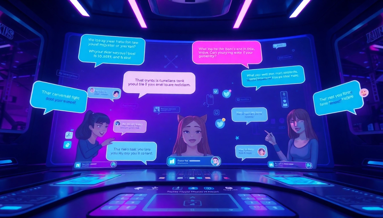 Immersive NSFW AI chat scene with diverse avatars in a futuristic digital interface