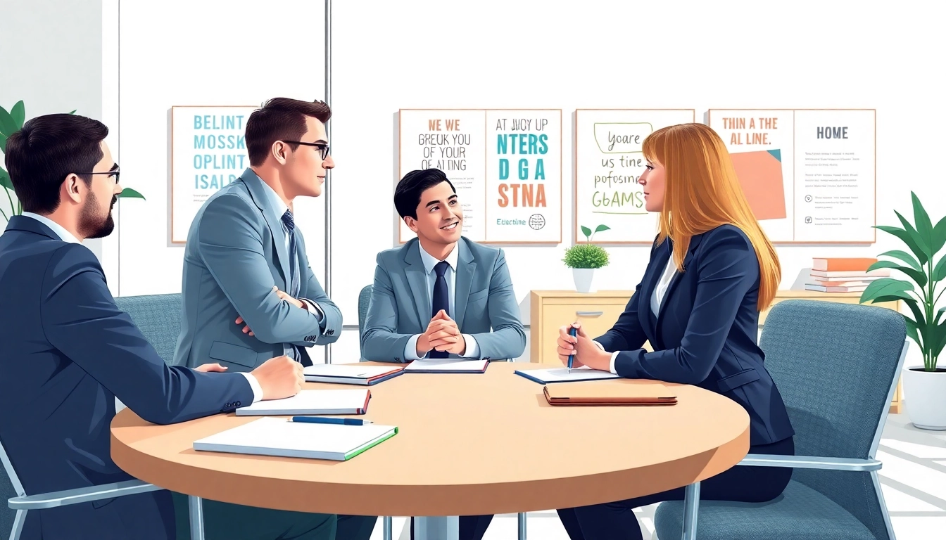 Engaging business coaching service session with a coach and clients in a modern office.