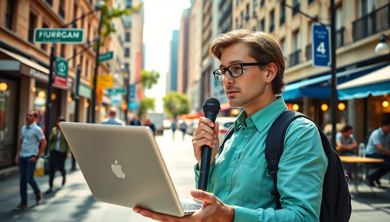 Capture the essence of journalism at https://www.todayville.com with a vibrant outdoor reporter engaging with their audience.