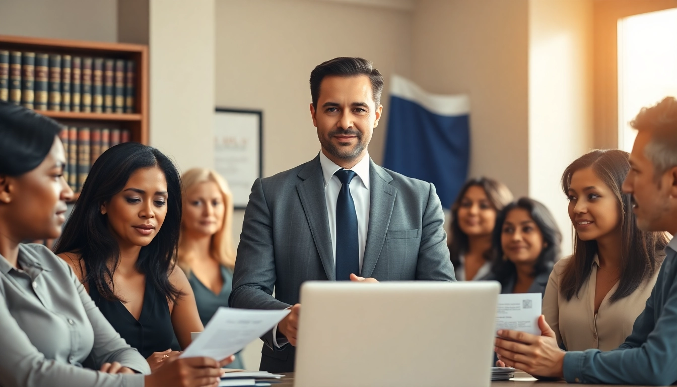 Jacksonville Immigration Lawyer assisting clients in a professional office environment with legal documents and warm lighting.