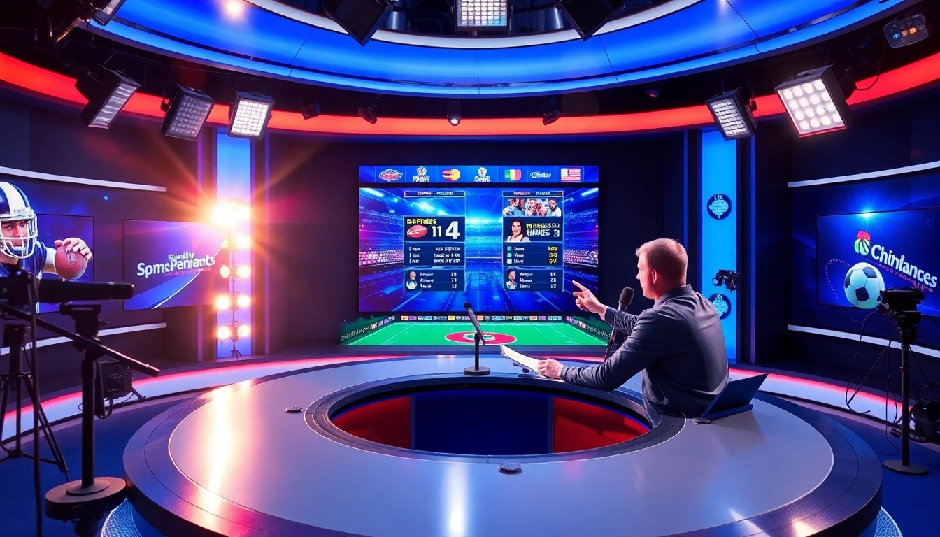 Engaging sports broadcasting studio with an anchor presenting live sports highlights.