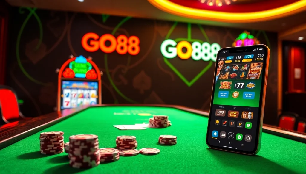 Engaging casino scene with GO88 app, vibrant slots, and poker chips – tải go88 seamlessly.