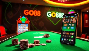 Engaging casino scene with GO88 app, vibrant slots, and poker chips – tải go88 seamlessly.