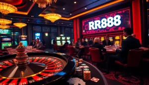 Experience the thrilling atmosphere of RR88 casino with energetic gameplay and elegant decor showcasing casino elements.