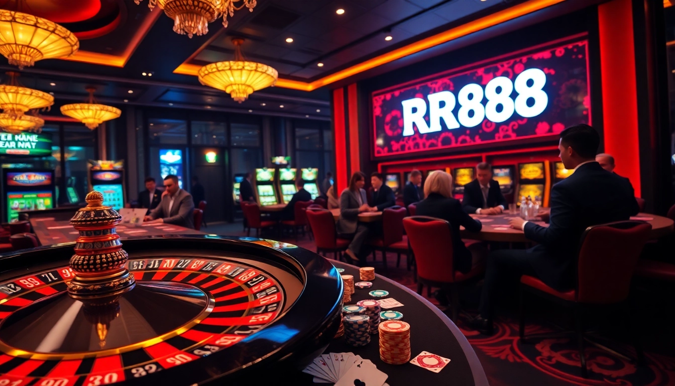 Experience the thrilling atmosphere of RR88 casino with energetic gameplay and elegant decor showcasing casino elements.