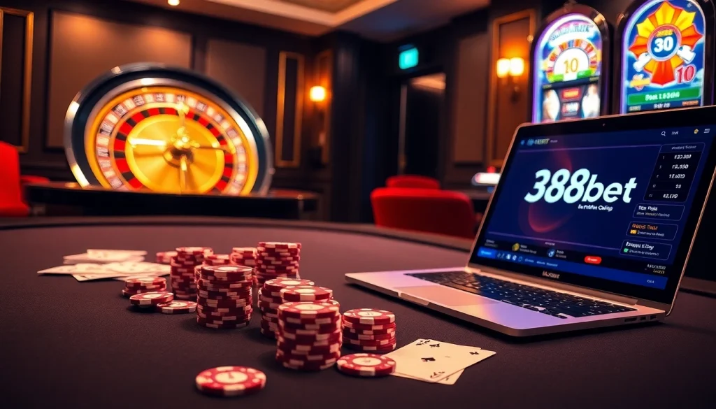 Experience the thrill of gambling at 388bet with a luxurious casino scene featuring poker and roulette.