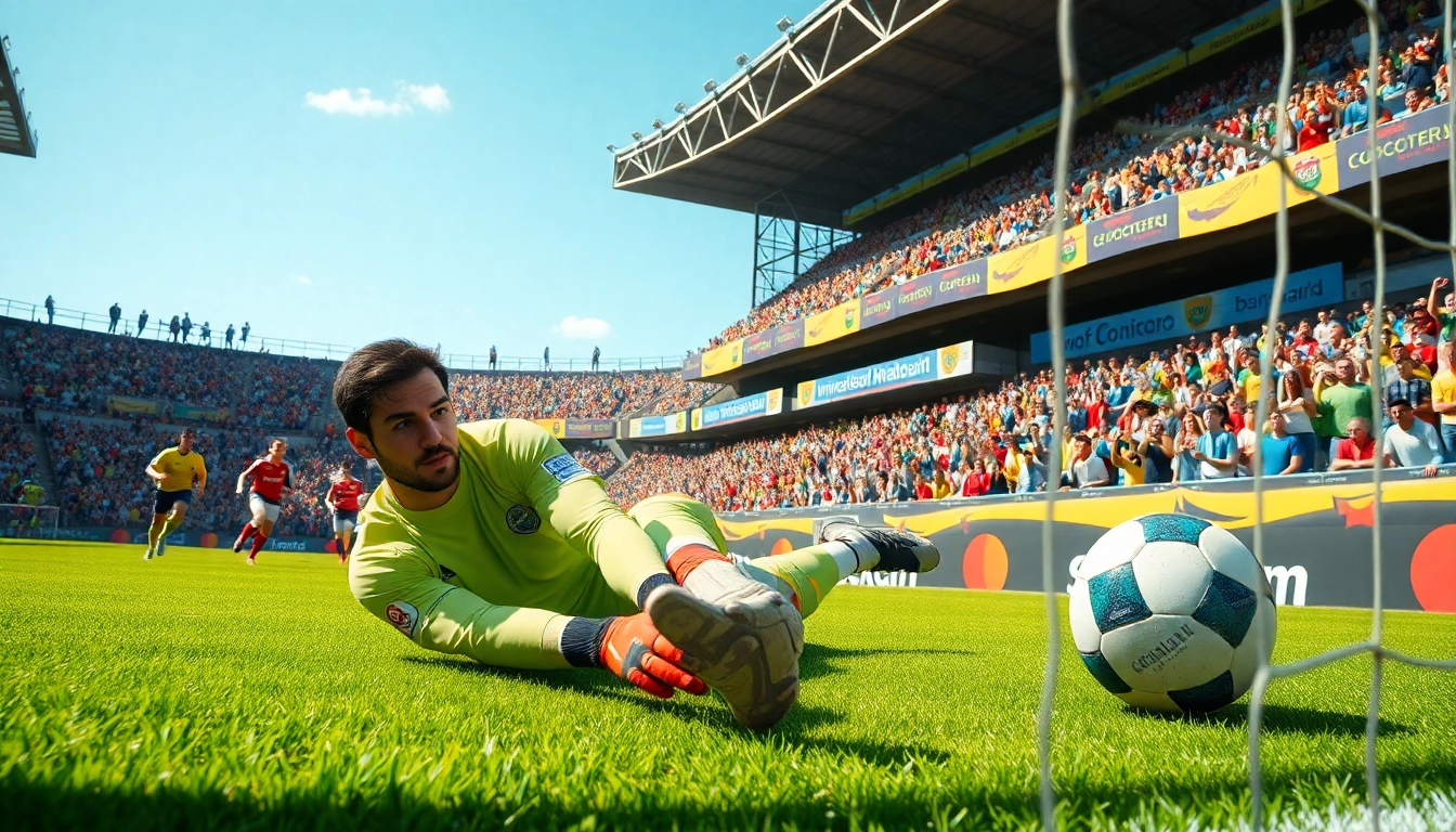 Catch the excitement of ผลบอลสดภาษาไทย with a goalkeeper diving to make a crucial save in an intense soccer match.