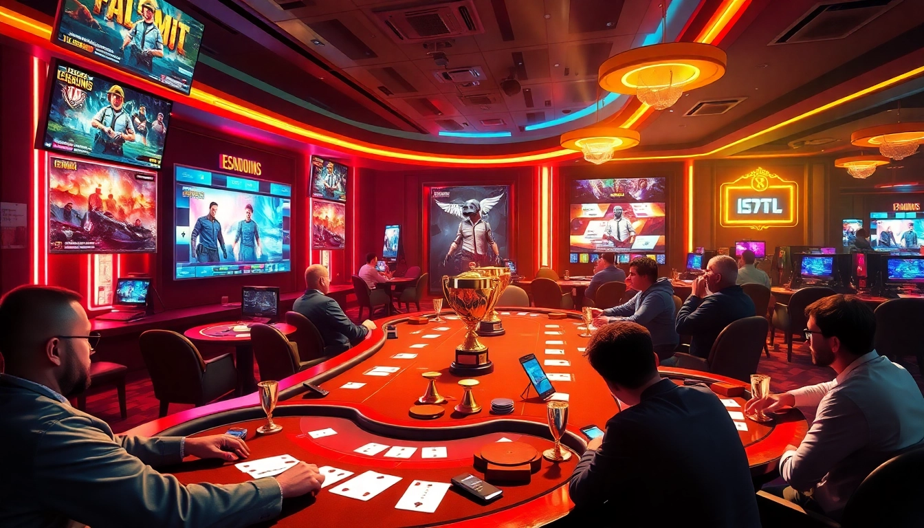 Trực tiếp esports betting scene with vibrant displays and engaged players in a luxury casino setting.