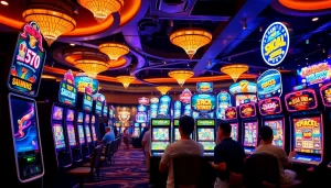 Raih keseruan slot depo pulsa di mesin slot yang penuh warna dalam lingkungan kasino modern.