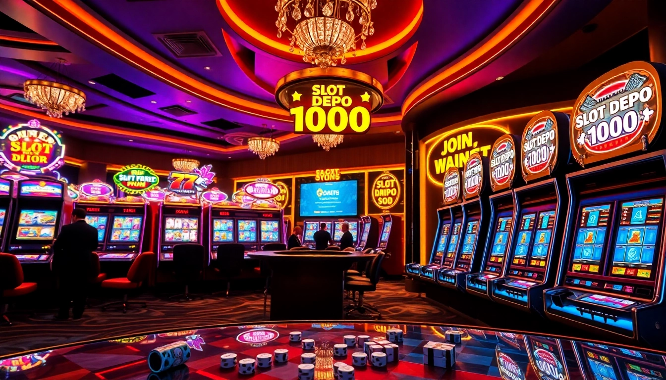 Pengalaman bermain slot depo 1000 yang seru dengan mesin berwarna-warni dan pemain yang sedang meraih kemenangan.