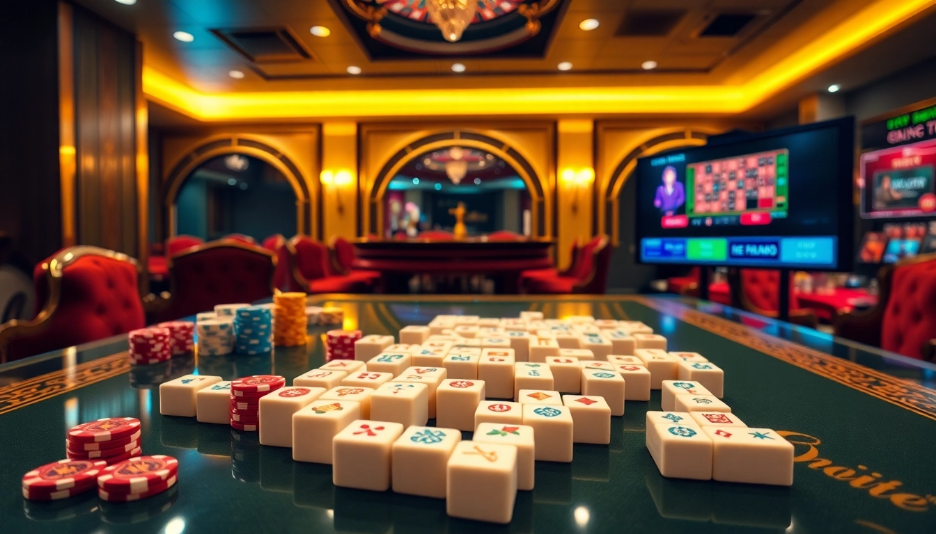 Terlibat dalam permainan Link Mahjong di antara elemen kasino yang dinamis, menampilkan kegembiraan dan strategi.