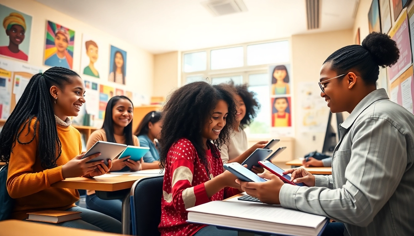 Education scene showcasing diverse students collaborating using digital tools, promoting equity and innovation.